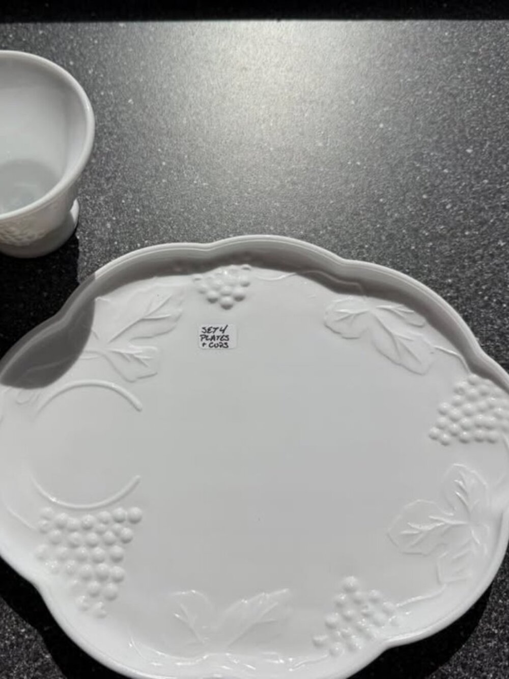 Vintage White Milk Glass Snack Set – 4 Cups & 4 Grape Pattern Plates - Picture 8 of 8